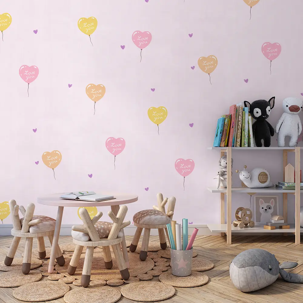 کاغذ دیواری کودک طرح بادکنک های قلبی | صورتی کد 12015