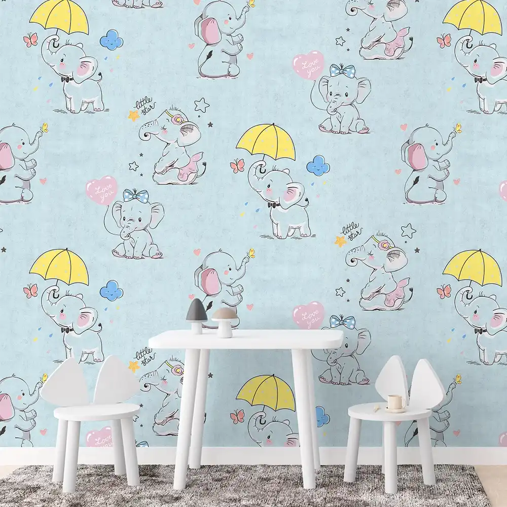 کاغذ دیواری کودک طرح فیل کوچولوها | آبی کد 12001