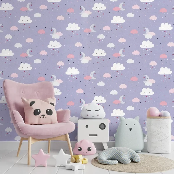 کاغذ دیواری کودک طرح آسمان ابری | بنفش کد 12017