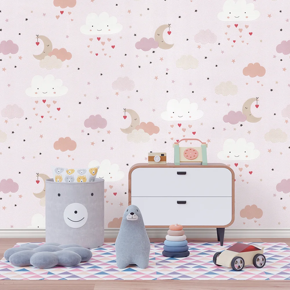 کاغذ دیواری کودک طرح آسمان ابری | صورتی کد 12021