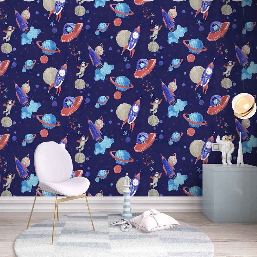 کاغذ دیواری کودک طرح کهکشان و فضانورد | سرمه‌ای کد 12101