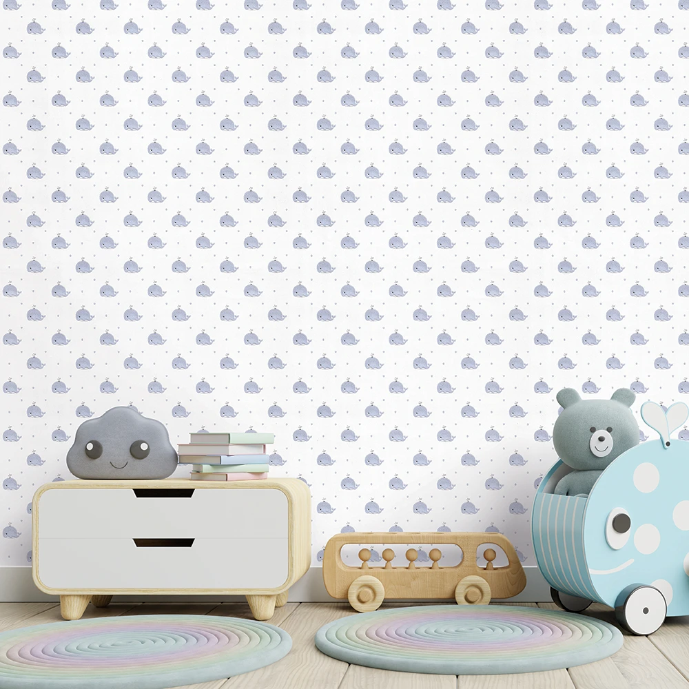 کاغذ دیواری کودک طرح نهنگ‌های دریایی | آبی / سفید کد 12037